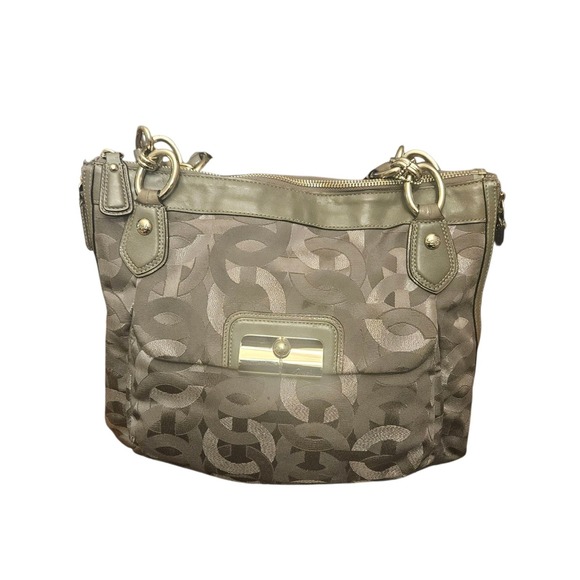 COACH Gray Jacquard Canvas Leather Trim Shoulder Bag + FREE Bag Charm 🎁 - Picture 1 of 11